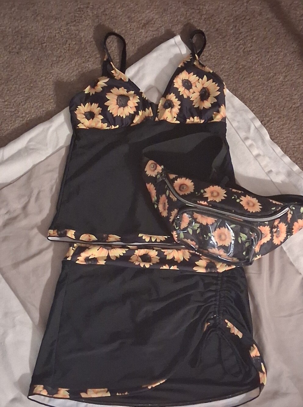Sunflower-Print Black Tankini Set with Matching Skirt and Fanny Pack